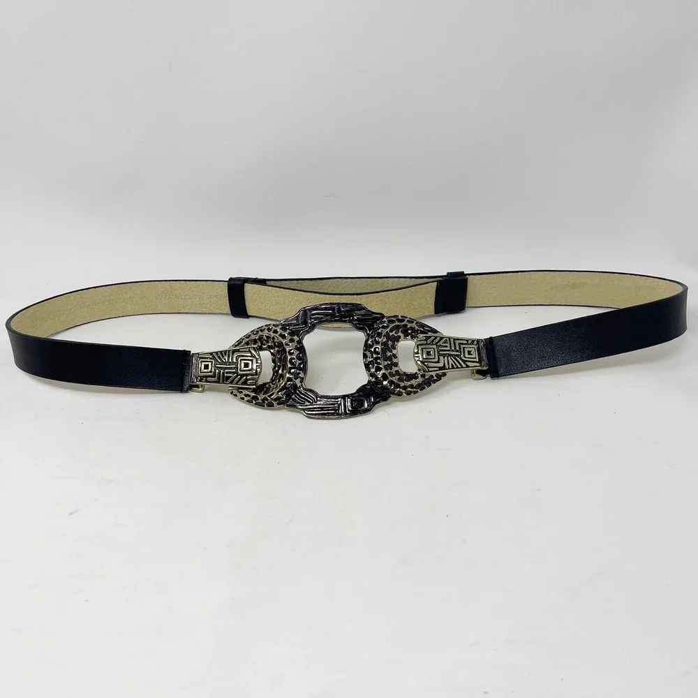 CHICOS Belt Womens M/L Adjustable Gold Tone Aztec Buckle Black Leather Statement
